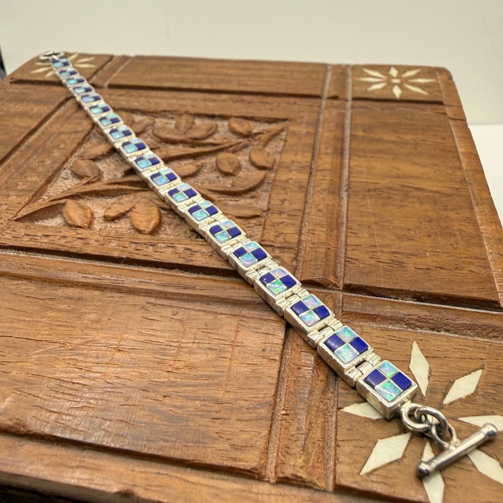 Sterling Silver Blue Opal and Lapis Checker Square Link Bracelet Geometric 925 - Picture 2 of 8